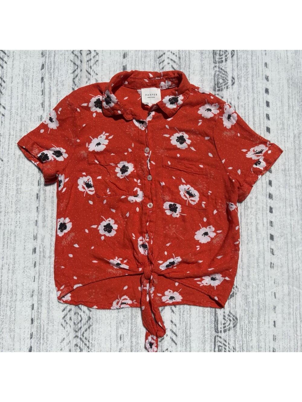 Harper Heritage Womens XS Red Floral Tie Front Button Up Top Short Sleeve Rayon